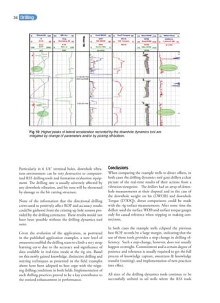 Particularly in 6 1/8˝ terminal holes, downhole vibra-
tion environment can be very destructive to computer-
ized RSS drilling tools and formation evaluation equip-
ment. The drilling rate is usually adversely aﬀected by
any downhole vibration, and bit runs will be shortened
by damage to the bit cutting structure.
None of the information that the directional drilling
crews used to positively aﬀect ROP and accuracy results
could be gathered from the existing up hole sensors pro-
vided by the drilling contractor. These results would not
have been possible without the drilling dynamics tool
suite.
Given the evolution of the application, as portrayed
in the published application examples, a new level of
awareness enabled the drilling team to climb a very steep
learning curve due to the accuracy and signiﬁcance of
data available in real-time mode at the rig site. Based
on this newly gained knowledge, distinctive drilling and
steering techniques as presented in the ﬁeld examples
above have been adopted to best cope with the reign-
ing drilling conditions in both ﬁelds. Implementation of
such drilling practices proved to be a key contributor to
the noticed enhancement in performance.
Conclusions
When comparing the example wells to direct oﬀsets, in
both cases the drilling dynamics tool gave drillers a clear
picture of the real-time results of their actions from a
vibration viewpoint. The drillers had an array of down-
hole measurements at their disposal and in the case of
the downhole weight on bit (DWOB) and downhole
Torque (DTOQ), direct comparisons could be made
with the rig surface measurements. After some time the
drillers used the surface WOB and surface torque gauges
only for casual reference when tripping or making con-
nections.
In both cases the example wells eclipsed the previous
best ROP records by a large margin, indicating that the
use of these tools provides a step-change in drilling ef-
ﬁciency. Such a step-change, however, does not usually
happen overnight. Commitment and a certain degree of
patience and tolerance is usually required to get the full
process of knowledge capture, awareness & knowledge
transfer (training), and implementation of new practices
into eﬀect.
All sizes of the drilling dynamics tools continue to be
successfully utilized in oil wells where the RSS tools
Fig 10: Higher peaks of lateral acceleration recorded by the downhole dynamics tool are
mitigated by change of parameters and/or by picking off-bottom.
Drilling34
 