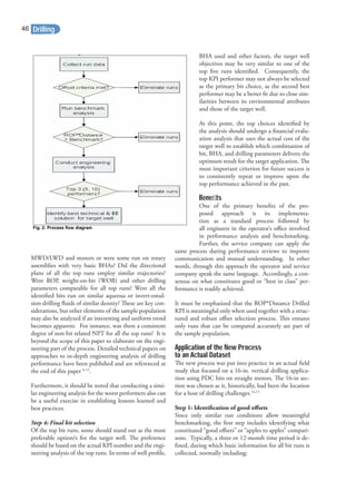 MWD/LWD and motors or were some run on rotary
assemblies with very basic BHAs? Did the directional
plans of all the top runs employ similar trajectories?
Were ROP, weight-on-bit (WOB) and other drilling
parameters comparable for all top runs? Were all the
identiﬁed bits run on similar aqueous or invert-emul-
sion drilling ﬂuids of similar density? These are key con-
siderations, but other elements of the sample population
may also be analyzed if an interesting and uniform trend
becomes apparent. For instance, was there a consistent
degree of non-bit related NPT for all the top runs? It is
beyond the scope of this paper to elaborate on the engi-
neering part of the process. Detailed technical papers on
approaches to in-depth engineering analysis of drilling
performance have been published and are referenced at
the end of this paper 6-13
.
Furthermore, it should be noted that conducting a simi-
lar engineering analysis for the worst performers also can
be a useful exercise in establishing lessons learned and
best practices.
Step 4: Final bit selection
Of the top bit runs, some should stand out as the most
preferable option/s for the target well. The preference
should be based on the actual KPI number and the engi-
neering analysis of the top runs. In terms of well proﬁle,
BHA used and other factors, the target well
objectives may be very similar to one of the
top ﬁve runs identiﬁed. Consequently, the
top KPI performer may not always be selected
as the primary bit choice, as the second best
performer may be a better ﬁt due to close sim-
ilarities between its environmental attributes
and those of the target well.
At this point, the top choices identiﬁed by
the analysis should undergo a ﬁnancial evalu-
ation analysis that uses the actual cost of the
target well to establish which combination of
bit, BHA, and drilling parameters delivers the
optimum result for the target application. The
most important criterion for future success is
to consistently repeat or improve upon the
top performance achieved in the past.
Beneﬁts
One of the primary beneﬁts of the pro-
posed approach is its implementa-
tion as a standard process followed by
all engineers in the operator’s oﬃce involved
in performance analysis and benchmarking.
Further, the service company can apply the
same process during performance reviews to improve
communication and mutual understanding. In other
words, through this approach the operator and service
company speak the same language. Accordingly, a con-
sensus on what constitutes good or “best in class” per-
formance is readily achieved.
It must be emphasized that the ROP*Distance Drilled
KPI is meaningful only when used together with a struc-
tured and robust oﬀset selection process. This ensures
only runs that can be compared accurately are part of
the sample population.
Application of the New Process
to an Actual Dataset
The new process was put into practice in an actual ﬁeld
study that focused on a 16-in. vertical drilling applica-
tion using PDC bits on straight motors. The 16-in sec-
tion was chosen as it, historically, had been the location
for a host of drilling challenges.14,15
Step 1: Identiﬁcation of good oﬀsets
Since only similar run conditions allow meaningful
benchmarking, the ﬁrst step includes identifying what
constituted “good oﬀsets” or “apples to apples” compari-
sons. Typically, a three or 12-month time period is de-
ﬁned, during which basic information for all bit runs is
collected, normally including:
Drilling
g
Fig. 2: Process flow diagram
46
 