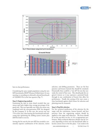 best-in-class performance.
Considering the same sample population using the new
KPI benchmark of ROP*Distance Drilled shows 16 runs
meeting or exceeding an arbitrarily selected benchmark
of 120,000 ft2
/hr in the four quarters (Fig. 7).
Step 3: Engineering analysis
Examining the data in more detail revealed that one
motor type had a higher than average percentage of the
good runs. This was especially true when the motor was
combined with the new-generation PDC bit designed
by Bit Company A. In this case, the success rate was
71% of the runs, thus beating the benchmark and indi-
cating that optimizing the drilling system (motor plus
drill bit) leads to success.
Sorting the bit runs by the new KPI has revealed a con-
sistently superior combination of bit selection, motor
selection, and drilling parameters. These are the best
practices and lessons learned that should be emulated.
Ocasionally there could be a “one oﬀ” bit run that out-
ranks the crowd of best runs. This should peak the en-
gineer’s interest as it may represent a potential break-
through in any combination of factors that aﬀect bit
performance. Finally this sorting of bit runs create a
clear benchmark against which future bit selection and
planning must be measured.
Step 4: Final bit selection
For the technical justiﬁcation of bit selection for the
target well the conclusions, lessons learned, and best
practices from the engineering analysis should be
applied to the target well objectives. The focus should
be on the top three (or ﬁve, or 10, as appropriate) per-
formers. Many technical objectives already may be cov-
ered, depending on how strict the benchmark oﬀset se-
lection criteria were in the ﬁrst place. Care needs to be
Drilling
Fig. 5: Filtered dataset categorized by bit manufacturer
Fig. 6: Filtered dataset ranked by distance and associated ROP
12-month Period
www.saudiarabiaoilandgas.com | SA O&G Issue 10
49
 