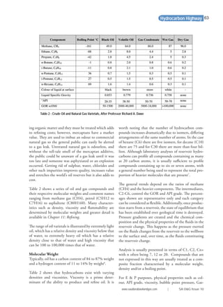 ing organic matter and they must be treated which adds
to reﬁning costs; however, mercaptans have a market
value. They are used to imbue an odour to commercial
natural gas so the general public can easily be alerted
to a gas leak. Untreated natural gas is odourless, and
without the tell-tale smell of the mercaptan additive,
the public could be unaware of a gas leak until it was
too late and someone was asphyxiated or an explosion
occurred. Getting rid of sulphur, water, chlorides and
other such impurities improves quality, increases value
and stretches the world’s oil reserves but it also adds to
cost.
Table 2 shows a series of oil and gas compounds and
their respective molecular weights and common names
ranging from methane gas (CH4), petrol (C5H12 to
C7H16) to asphaltene (C80H160). Many character-
istics such as density, viscosity and ﬂammability are
determined by molecular weights and greater detail is
available in Chapter 11: Reﬁning.
The range of oil varietals is illustrated by extremely light
oil, which has a relative density and viscosity below that
of water, to extremely heavy oil which has a relative
density close to that of water and high viscosity that
can be 100 to 100,000 times that of water.
Molecular Weight
Typically, oil has a carbon content of 84 to 87% weight
and a hydrogen content of 11 to 14% by weight6
.
Table 2 shows that hydrocarbons exist with varying
densities and viscosities. Viscosity is a prime deter-
minant of the ability to produce and reﬁne oil. It is
worth noting that the number of hydrocarbon com-
pounds increases dramatically due to isomers, diﬀering
arrangements of the same number of atoms. In the case
of hexane (C6) there are ﬁve isomers, for decane (C10)
there are 75 and for C30 there are more than four bil-
lion. Although laboratory analyses of reservoir hydro-
carbons can proﬁle all compounds containing as many
as 20 carbon atoms, it is usually suﬃcient to proﬁle
compounds containing up to six or seven atoms, with
a general number being used to represent the total pro-
portion of heavier molecules that are present7
.
The general trends depend on the ratios of methane
(CH4) and the heavier components. The intermediates,
C2-C6, control the GOR and API grade. The percent-
ages shown are representative only and each category
can be considered as ﬂexible. Additionally, once produc-
tion starts from a reservoir, the state of equilibrium that
has been established over geological time is destroyed.
Pressure gradients are created and the chemical com-
position and the physical properties of the ﬂuids in the
reservoir change. This happens as the pressure exerted
on the ﬂuids changes from the reservoir to the wellbore
to the surface and, over time, as the ﬂuids constituting
the reservoir change.
Analysis is usually presented in terms of C1, C2, Cn+
with n often being 7, 12 or 20. Compounds that are
not expressed in this way are usually treated as a com-
posite fraction characterised by a molecular weight,
density and/or a boiling point.
For E & P purposes, physical properties such as col-
our, API grade, viscosity, bubble point pressure, Gas-
Hydrocarbon Highway
Table 2 - Crude Oil and Natural Gas Varietals, After Professor Richard A. Dawe
www.saudiarabiaoilandgas.com | SA O&G Issue 10
63
 