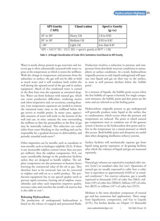 Water is nearly always present in gas reservoirs and res-
ervoir gas is often substantially saturated with water va-
pour at the temperature at which it enters the wellbore.
With the change in temperature and pressure from the
subsurface to surface, the gas will not be able to hold
as much water and it will condense both within the
well during the upward travel of the gas and in surface
equipment. Much of this condensed water is carried
in the ﬂow lines into the separator as entrained drop-
lets. Water can form hydrates with natural gas, which
can create production diﬃculties, rendering metres
and valves inoperative and, on occasions, causing disas-
ters. Low temperature separators are needed to remove
the entrained water close to the wellhead before the
gas arrives at trouble points. In many cases, appreci-
able amounts of water will settle to the bottom of the
well and can, in time, saturate the zone surrounding
the wellbore so that the permeability to the ﬂow of gas
may be materially reduced. This reduction can result
either from water blocking or clay swelling and can be
responsible for a gradual decrease in deliverability and
periodic remedial work-overs10
.
Other impurities can be metallic such as vanadium or
non-metallic such as hydrogen sulphide (H2S). If there
is any measurable sulphur content (more than one part
per million), then the sulphur components, H2S, can
cause considerable damage to the production facilities
unless they are designed to handle sulphur. The sul-
phur components are also poisonous to humans hence
lowering the commercial value of the oil or gas. They
therefore have to be extracted, but can be converted
to sulphur and sold on as a useful product. The pro-
duction equipment has to use special quality steels to
prevent rapid corrosion. Getting rid of sulphur, water,
chlorides and other such impurities improves quality,
increases value and stretches the world’s oil reserves but
it also adds to cost11
.
Releasing Hydrocarbons
The production of underground hydrocarbons is
based on the release of trapped and pressurised ﬂuids.
Production involves a reduction in pressure and tem-
perature from downhole reservoir conditions to atmos-
pheric or surface conditions. As a result, hydrocarbons
originally present as only liquid underground will sepa-
rate into liquid and gas on their way to the surface,
as soon as well pressure declines below the ‘bubble
point’.
In a mixture of liquids, the bubble point occurs when
the ﬁrst bubble of vapour is formed. For single compo-
nent mixtures, the bubble point and dew point are the
same and are referred to as the boiling point.
Hydrocarbons originally present as gas underground
will generally produce some liquid at the surface due
to condensation, which occurs when the pressure and
temperature are reduced. The point at which natural
gas components start to condense out of the gaseous
system is known as the hydrocarbon dew-point and re-
fers to the temperature (at a stated pressure) at which
this occurs. Both bubble point and dewpoint are useful
data when designing distillation reﬁnery systems.
Surface facilities will mechanically separate gas from
liquid using gravity separators or de-gassing facilities
after which the volumes of liquid and gas are measured
separately.
Gas
Natural gas volumes are reported in standard cubic me-
tres [(s)m3
] or standard cubic feet (scf). Quantities of
natural gas are usually expressed in cubic feet; a cubic
foot is equivalent to approximately 0.028 m3
at stand-
ard conditions12
. For reserves valuation, gas is usually
expressed in thousands (103
) of cubic feet (Mcf), mil-
lions (106
) of cubic feet (MMcf), billions (109
) of cubic
feet (BCF) or trillions (1012
) of cubic feet (TCF).
Methane is the most abundant component of natural
gas and has numerous fuel applications. These range
from liquefaction, compression, and Gas to Liquids
(GTL). For further details, see Chapter 13: Renewable
Hydrocarbon Highway
Table 4 - A Rough Classification of Crude Oil Is Sometimes Used Based on API Gravity
°API = (141.5°/SG - 131.5 [SG = speciﬁc gravity at 60°F = 1.0])
API Gravity
(°API)
Classiﬁcation Speciﬁc Gravity
(g/cc)
10° to 20° Heavy Oil 1.0 to 0.93
20° to 30° Medium Oil 0.93 to 0.87
>30° Light Oil less than 0.87
www.saudiarabiaoilandgas.com | SA O&G Issue 10
65
 