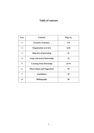 3
Table of contents
S.no. Contents Page no.
1 Executive Summary 4-5
2 Organization overview 6-20
3 Objective of Internship 21
4 Scope and need of Internship 22
5 Learning from Internship 23-53
6 Observations and Suggestions 54
7 Limitations 55
8 Bibliography 56
 