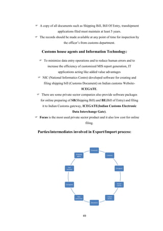 49
 A copy of all documents such as Shipping Bill, Bill Of Entry, transhipment
applications filed must maintain at least 5 years.
 The records should be made available at any point of time for inspection by
the officer‟s from customs department.
Customs house agents and Information Technology:
 To minimize data entry operations and to reduce human errors and to
increase the efficiency of customized MIS report generation, IT
applications acting like added value advantages
 NIC (National Informatics Centre) developed software for creating and
filing shipping bill (Customs Document) on Indian customs Website-
ICEGATE.
 There are some private sector companies also provide software packages
for online preparing of SB(Shipping Bill) and BE(Bill of Entry) and filing
it to Indian Customs gateway, ICEGATE(Indian Customs Electronic
Data Interchange Gate).
 Focus is the most used private sector product and it also low cost for online
filing.
Parties/intermediates involved in Export/Import process:
Farwarder
Customs
Consignor
Ocean
carrier
Inland
carrier
Stevedore
Port
authorities
Consignee
Port
services
Shipping
agent
 