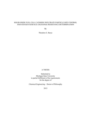 SOLID OXIDE FUEL CELL CATHODE INFILTRATE PARTICLE SIZE CONTROL
AND OXYGEN SURFACE EXCHANGE RESISTANCE DETERMINATION
By
Theodore E. Burye
A THESIS
Submitted to
Michigan State University
in partial fulfillment of the requirements
for the degree of
Chemical Engineering – Doctor of Philosophy
2015
 