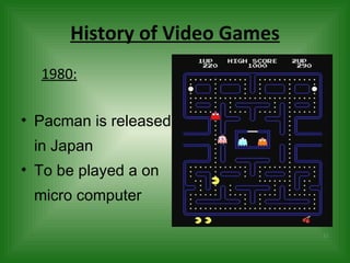 History of Video Games Pacman is released in Japan To be played a on micro computer 1980: 