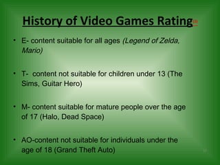History of Video Games Rating (3) E- content suitable for all ages  (Legend of Zelda, Mario) T-  content not suitable for children under 13 (The Sims, Guitar Hero) M- content suitable for mature people over the age of 17 (Halo, Dead Space) AO-content not suitable for individuals under the age of 18 (Grand Theft Auto) 