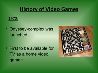 History of Video Games Odyssey-complex was launched First to be available for TV as a home video game (1) 1972: 