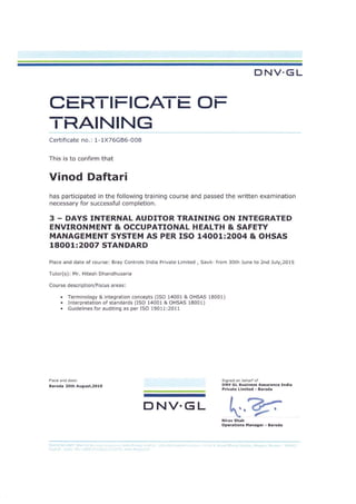 Vinod Certificate ISO 14001 & OHSAS 18001