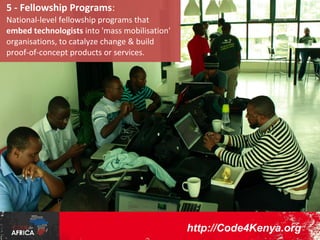 Citizen Tools:

Data needs to be
action-orientated, to
be meaningful. It
should help citizens
decipher & navigate
the complex forces
shaping their worlds.
It should support
evidence-based
public discourse &
decisionmaking .

http://wmmd.codeforafrica.org

 