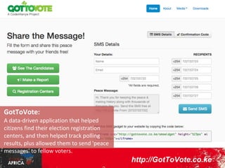 Prototypes:

Most Africans don’t
believe that
granular data
exists - and even if
it does, they believe
it is too complex
for ordinary citizens
to use
meaningfully.
Proof-of-Concept
prototypes that
demonstrate both
accessibility and
ease of use are
therefore crucial for
changing
mindsets.

http://dotmap.adrianfrith.com/

 