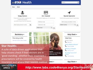 GotToVote:

A data-driven application that helped
citizens find their election registration
centers, and then helped track polling
results, plus allowed them to send
'peace messages' to fellow voters.

http://GotToVote.co.ke

 