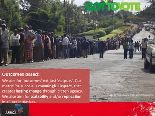 Image © http://www.flickr.com/photos/ilri/

Outcomes based:

We aim for 'outcomes' not just 'outputs'.
Our metric for success is meaningful
impact, that creates lasting change
through citizen agency. We also aim for
scalability and/or replication in all our
initiatives.

 