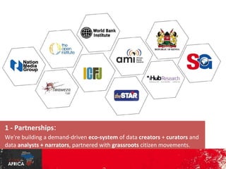1 - Partnerships:

We're building a demand-driven eco-system of data creators + curators
and data analysts + narrators, partnered with grassroots citizen
movements.

 