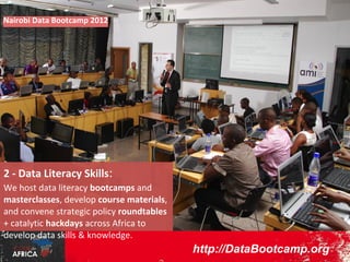 Nairobi Data Bootcamp 2012

2 - Data Literacy Skills:

We host data literacy bootcamps and
masterclasses, develop course
materials, and convene strategic
policy roundtables + catalytic
hackdays across Africa to develop
data skills & knowledge.

http://DataBootcamp.org

 