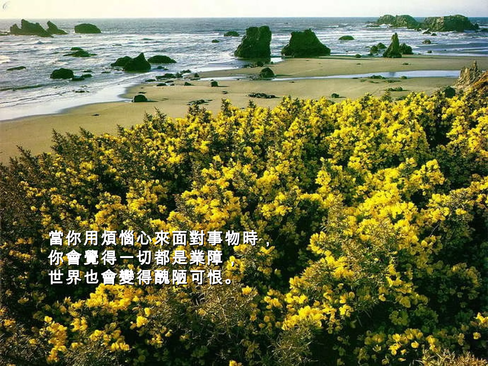 當你用煩惱心來面對事物時， 你會覺得一切都是業障， 世界也會變得醜陋可恨。   