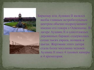 Биркенау или Аушвиц II являлся якобы главным истребительным центром обычно подразумевают именно его говоря о Освенциме. В лагере Аушвиц II в одноэтажных деревянных бараках содержались сотни тысяч евреев, поляков и цыган. Жертвами этого лагеря стали более миллиона человек. Аушвиц II имел 4 газовых камеры и 4 крематория.