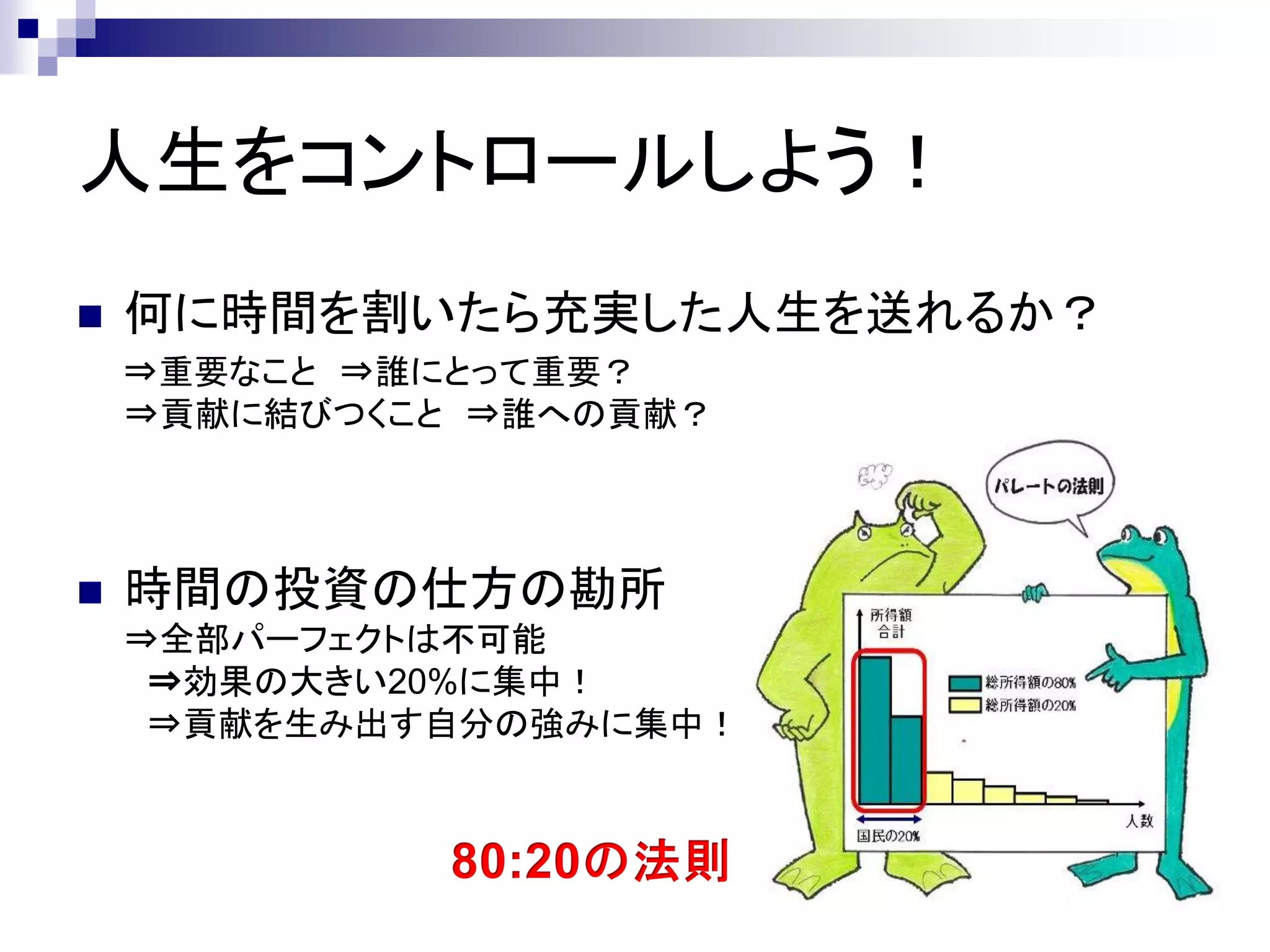 人生をコントロールしよう！
   何に時間を割いたら充実した人生を送れるか？
    ⇒重要なこと ⇒誰にとって重要？
    ⇒貢献に結びつくこと ⇒誰への貢献？




   時間の投資の仕方の勘所
    ⇒全部パーフェクトは不可能
     ⇒効果の大きい20%に集中！
     ⇒貢献を生み出す自分の強みに集中！
 