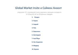 Global Market Insite и Саймон
Global Market Insite и Саймон Анхолт
 опросили 17 с половиной тысяч мужчин и женщин в возрасте 
            от 18 до 64 лет из 30 разных городов.
                                  р        р
                   1. Лондон

                   2. Париж
                        р

                   3. Сидней

                   4. Рим
                   4 Р

                   5. Барселона

                   6. Амстердам

                   7. Нью‐Йорк

                   8. Лос‐Анджелес

                   9. Мадрид
                        др д

                   10. Берлин
 