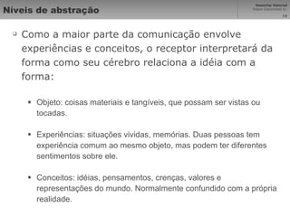 Níveis de abstração Como a maior parte da comunicação envolve experiências e conceitos, o receptor interpretará da forma como seu cérebro relaciona a idéia com a forma: Objeto: coisas materiais e tangíveis, que possam ser vistas ou tocadas. Experiências: situações vividas, memórias. Duas pessoas tem experiência comum ao mesmo objeto, mas podem ter diferentes sentimentos sobre ele.  Conceitos: idéias, pensamentos, crenças, valores e representações do mundo. Normalmente confundido com a própria realidade. 