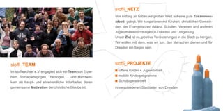 stoffi_NETZ
                                                          Von Anfang an haben wir großen Wert auf eine gute Zusammen-
                                                          arbeit gelegt. Wir kooperieren mit Kirchen, christlichen Gemein-
                                                          den, der Evangelischen Allianz, Schulen, Vereinen und anderen
                                                          Jugendhilfeeinrichtungen in Dresden und Umgebung.
                                                          Unser Ziel ist es, positive Veränderungen in die Stadt zu bringen.
                                                          Wir wollen mit dem, was wir tun, den Menschen dienen und für
                                                          Dresden ein Segen sein.




stoffi_TEAM                                               stoffi_PROJEKTE
Im stoffwechsel e.V. engagiert sich ein Team von Erzie-     offene Kinder + Jugendarbeit
hern, Sozialpädagogen, Theologen, ... und Handwer-          mobile Kinderprogramme
kern als haupt- und ehrenamtliche Mitarbeiter, deren        Schuljugendarbeit
gemeinsame Motivation der christliche Glaube ist.         in verschiedenen Stadtteilen von Dresden
 