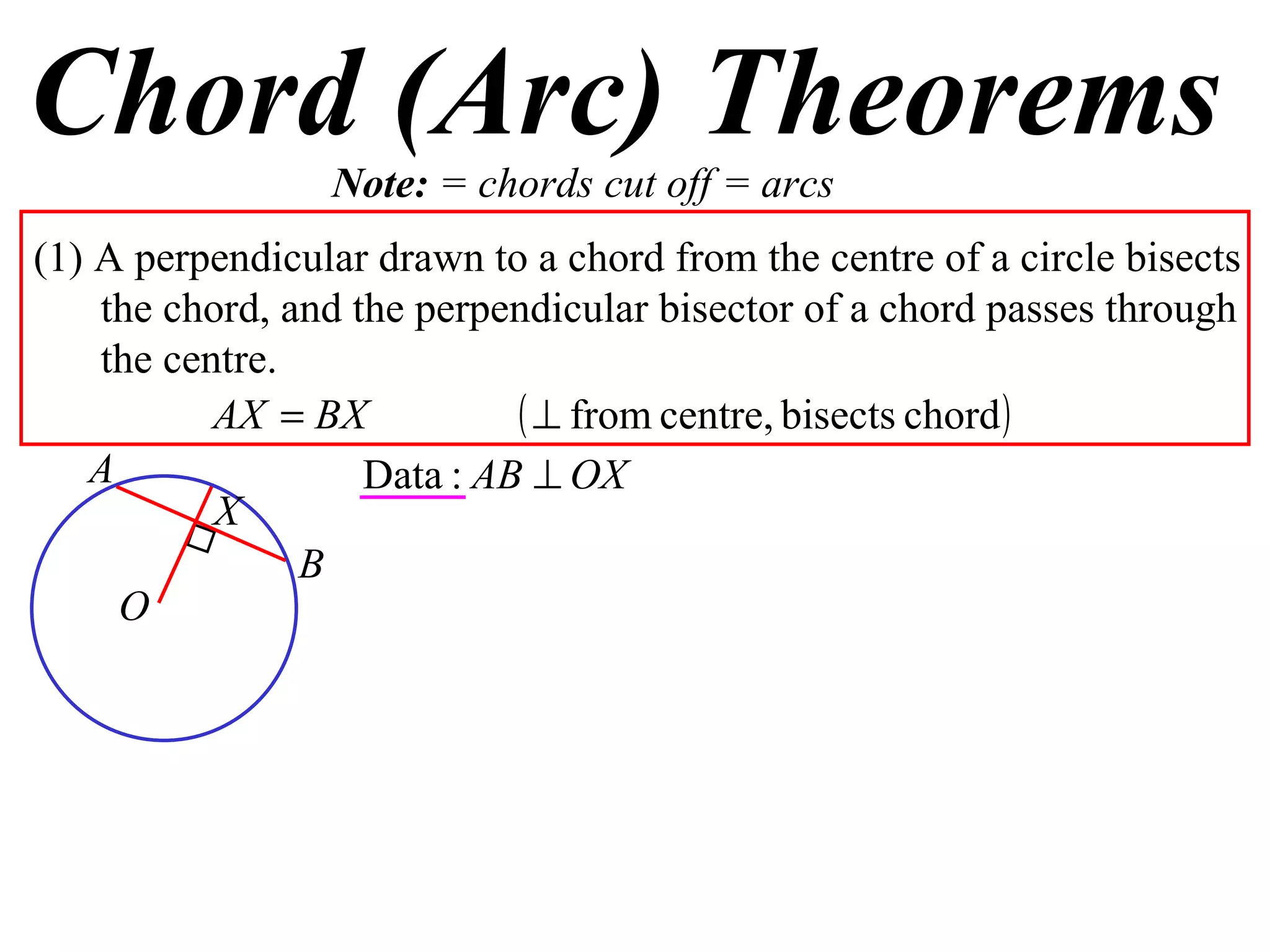 Chord (Arc) Theorems Note:  = chords cut off = arcs (1) A perpendicular drawn to a chord from the centre of a circle bisects the chord, and the perpendicular bisector of a chord passes through the centre. A B O X 