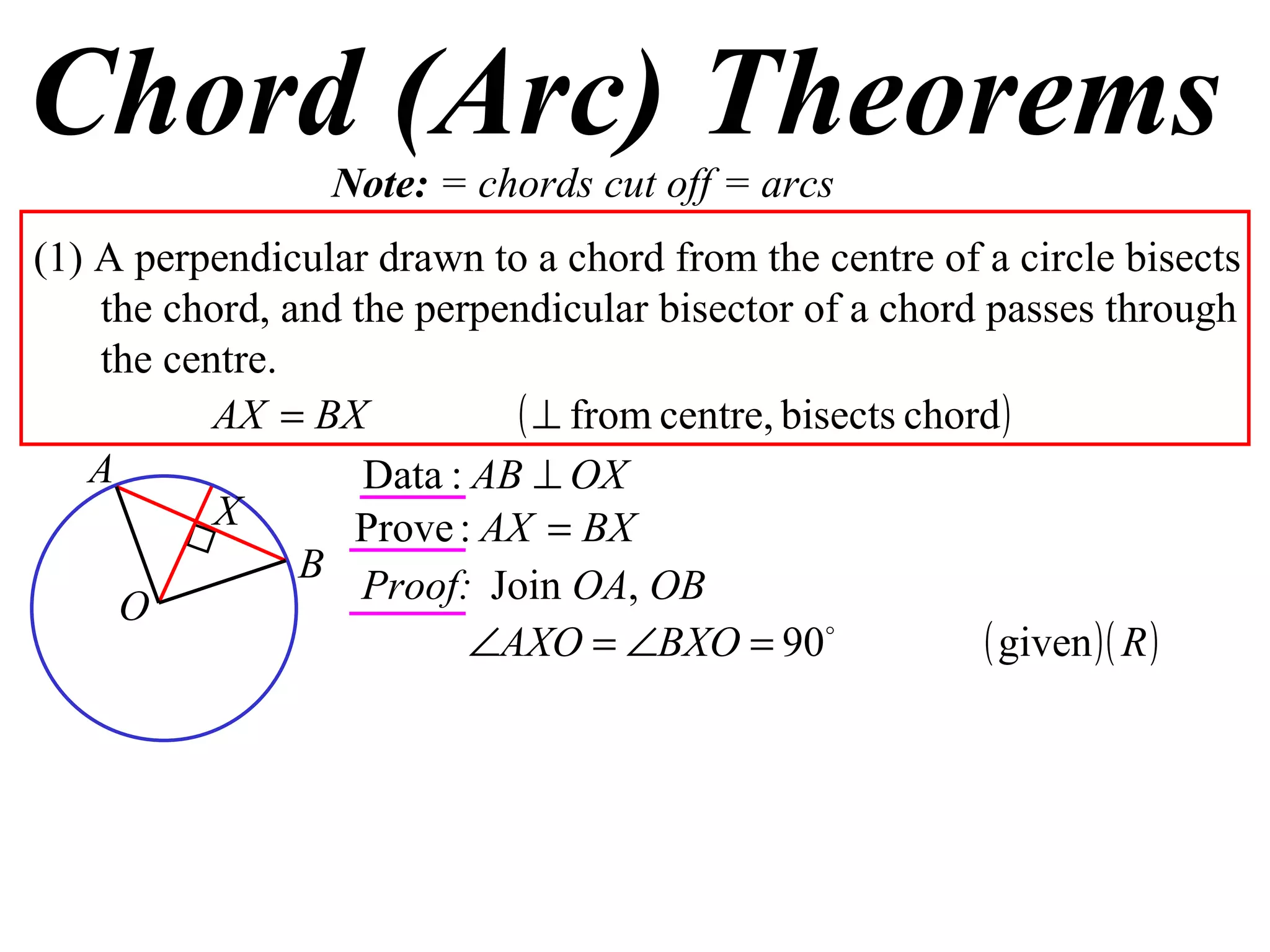 Chord (Arc) Theorems Note:  = chords cut off = arcs (1) A perpendicular drawn to a chord from the centre of a circle bisects the chord, and the perpendicular bisector of a chord passes through the centre. Proof: Join  OA ,  OB A B O X 