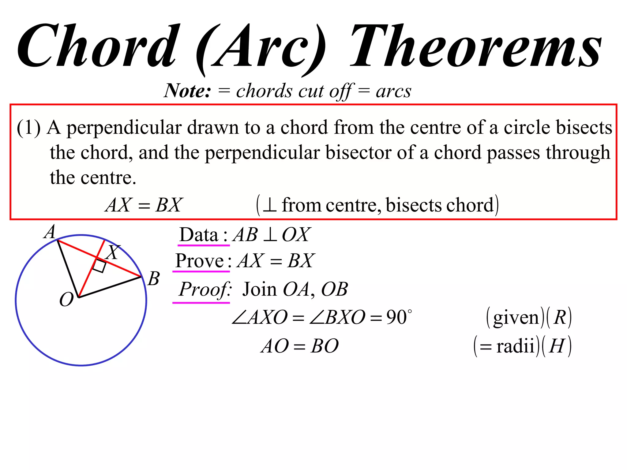 Chord (Arc) Theorems Note:  = chords cut off = arcs (1) A perpendicular drawn to a chord from the centre of a circle bisects the chord, and the perpendicular bisector of a chord passes through the centre. Proof: Join  OA ,  OB A B O X 
