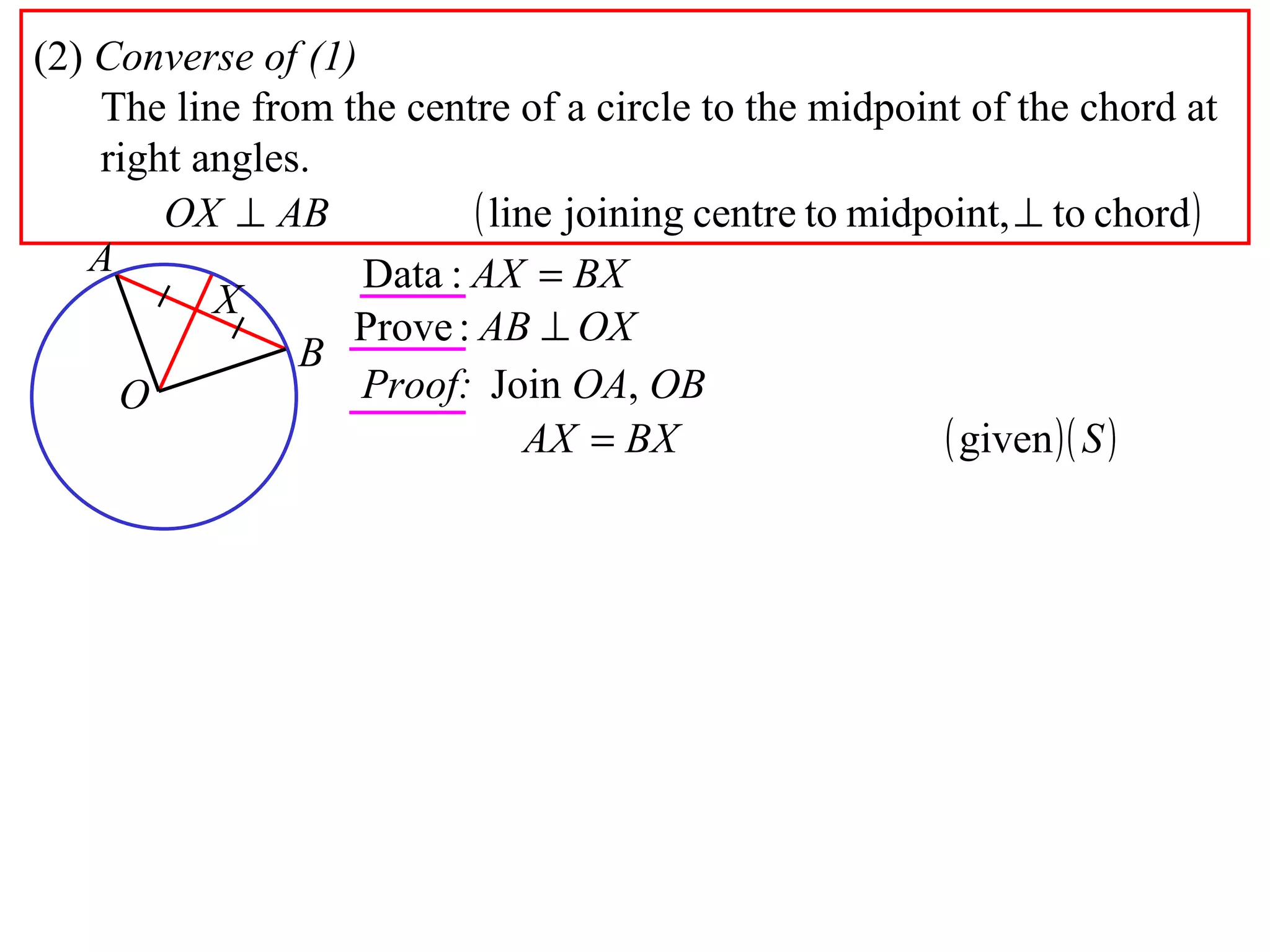 (2)  Converse of (1) The line from the centre of a circle to the midpoint of the chord at right angles. Proof: Join  OA ,  OB A B O X 