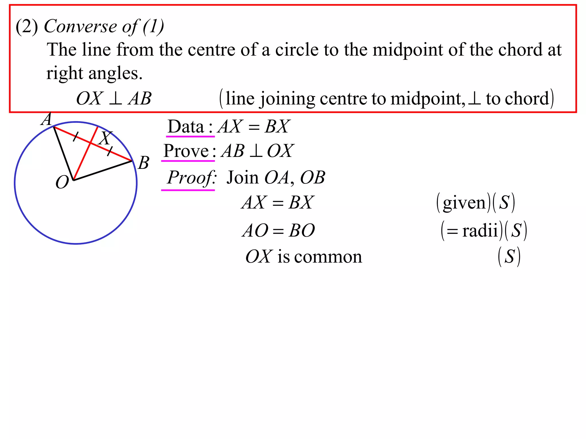 (2)  Converse of (1) The line from the centre of a circle to the midpoint of the chord at right angles. Proof: Join  OA ,  OB A B O X 