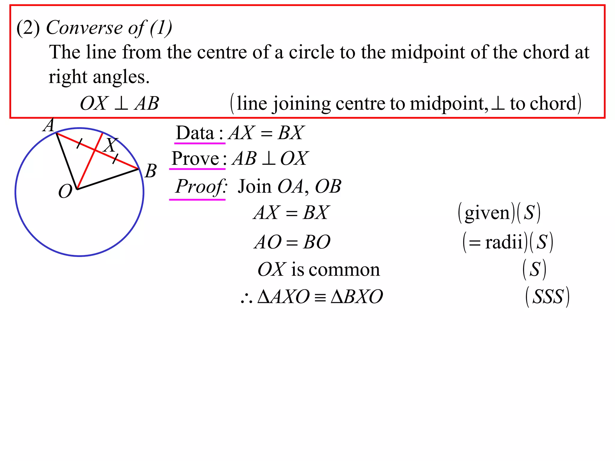 (2)  Converse of (1) The line from the centre of a circle to the midpoint of the chord at right angles. Proof: Join  OA ,  OB A B O X 