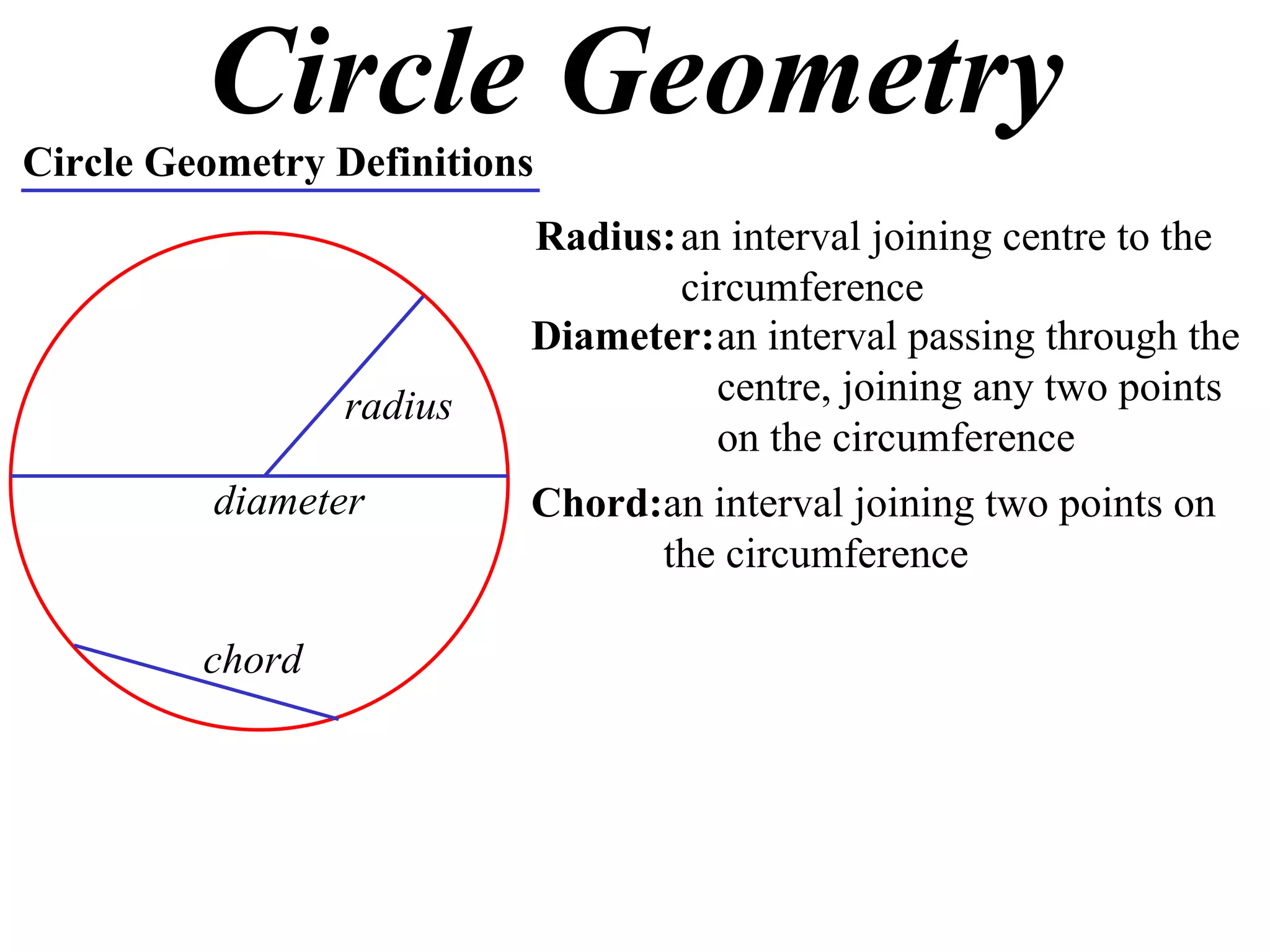 Circle Geometry Circle Geometry Definitions Radius: an interval joining centre to the circumference radius Diameter: an interval passing through the centre, joining any two points on the circumference diameter Chord: an interval joining two points on the circumference chord 