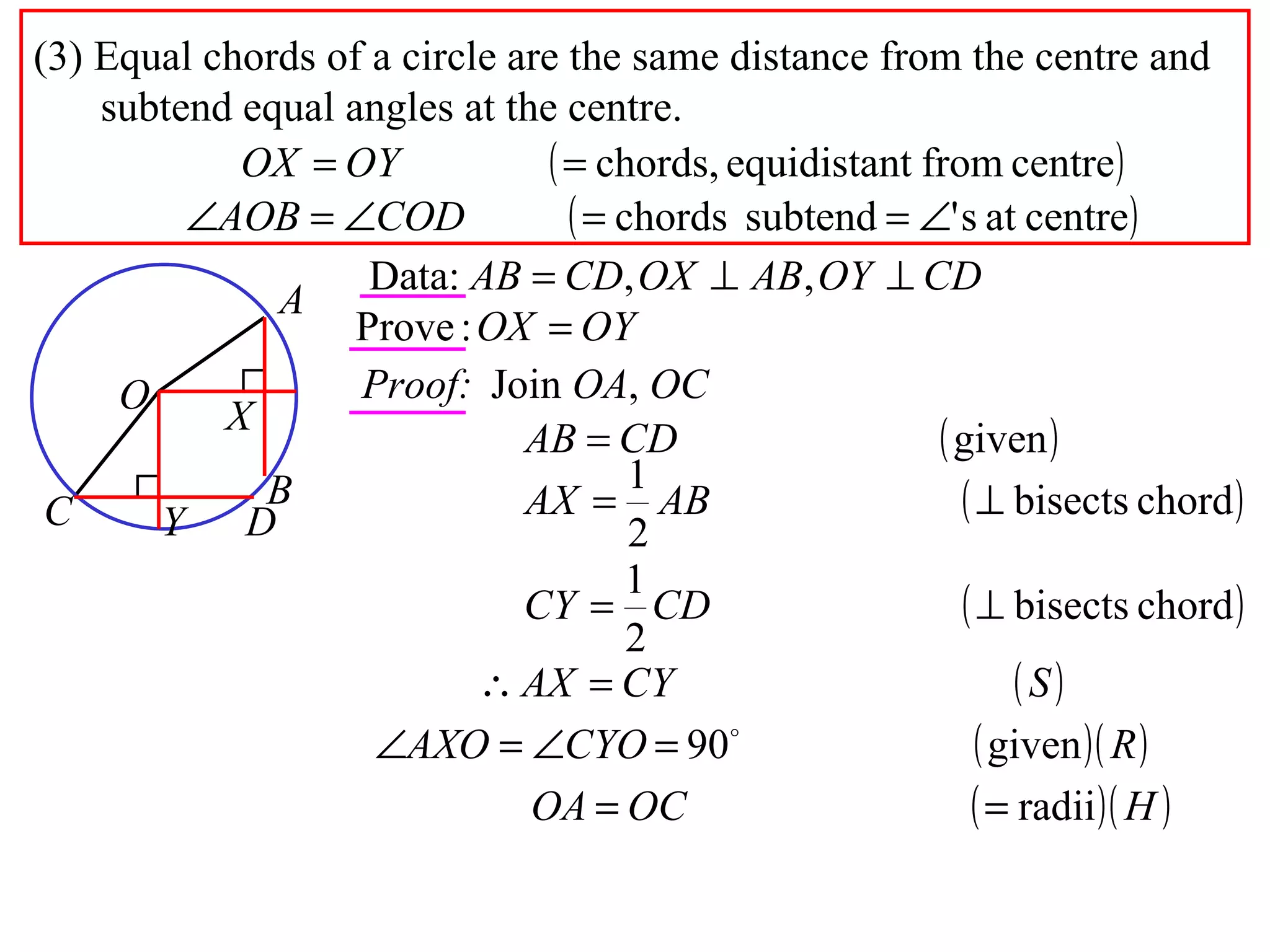 (3) Equal chords of a circle are the same distance from the centre and subtend equal angles at the centre. Proof: Join  OA ,  OC A B O X C D Y 