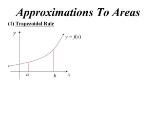 Approximations To Areas
(1) Trapezoidal Rule
  y
                       y = f(x)




       a           b    x
 