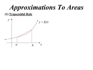 Approximations To Areas
(1) Trapezoidal Rule
  y
                       y = f(x)




       a           b    x
 