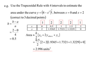 e.g. Use the Trapezoidal Rule with 4 intervals to estimate the

   area under the curve y  4  x  , between x  0 and x  2
                                     1
                                   2 2


   correct to 3 decimal points 
     ba                      1       2       2      2      1
  h
       n             x        0       0.5     1      1.5     2
                     y
     20                      2     1.9365 1.7321 1.3229     0
                        h
       4        Area  y0  2 yothers  yn 
    0.5                 2
                         0.5
                            2  21.9365  1.7321  1.3229  0
                          2
                        2.996 units 2
 