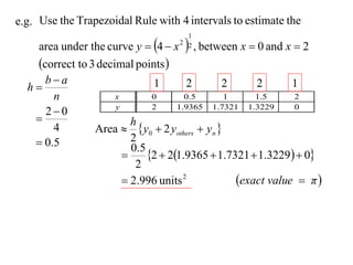 e.g. Use the Trapezoidal Rule with 4 intervals to estimate the

   area under the curve y  4  x  , between x  0 and x  2
                                     1
                                   2 2


   correct to 3 decimal points 
     ba                      1       2       2      2       1
  h
       n             x        0       0.5     1      1.5     2
                     y
     20                      2     1.9365 1.7321 1.3229     0
                        h
       4        Area  y0  2 yothers  yn 
    0.5                 2
                         0.5
                            2  21.9365  1.7321  1.3229  0
                          2
                        2.996 units 2           exact value  π 
 