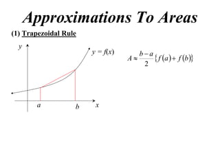 Approximations To Areas
(1) Trapezoidal Rule
  y
                       y = f(x)      ba
                                  A      f a   f b 
                                      2




       a           b    x
 