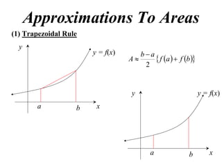 Approximations To Areas
(1) Trapezoidal Rule
  y
                       y = f(x)      ba
                                  A      f a   f b 
                                      2


                                   y                          y = f(x)
       a           b    x




                                          a             b         x
 