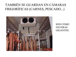 TAMBIÉN SE GUARDAN EN CÁMARAS  FRIGORÍFICAS (CARNES, PESCADO...) SON COMO NEVERAS GIGANTES. 
