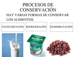 PROCESOS DE CONSERVACIÓN HAY VARIAS FORMAS DE CONSERVAR  LOS ALIMENTOS. PASTEURIZACIÓN REFRIGERACIÓN DESHIDRATACIÓN 