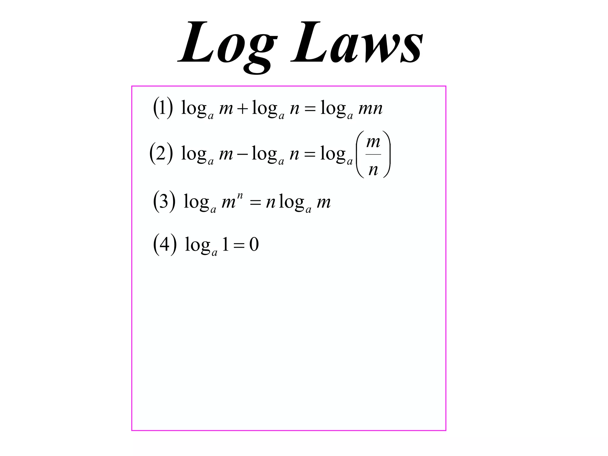 Log Laws
1 log a m  log a n  log a mn
                              m
2 log a m  log a n  log a  
                              n
3 log a m n  n log a m
4 log a 1  0
 