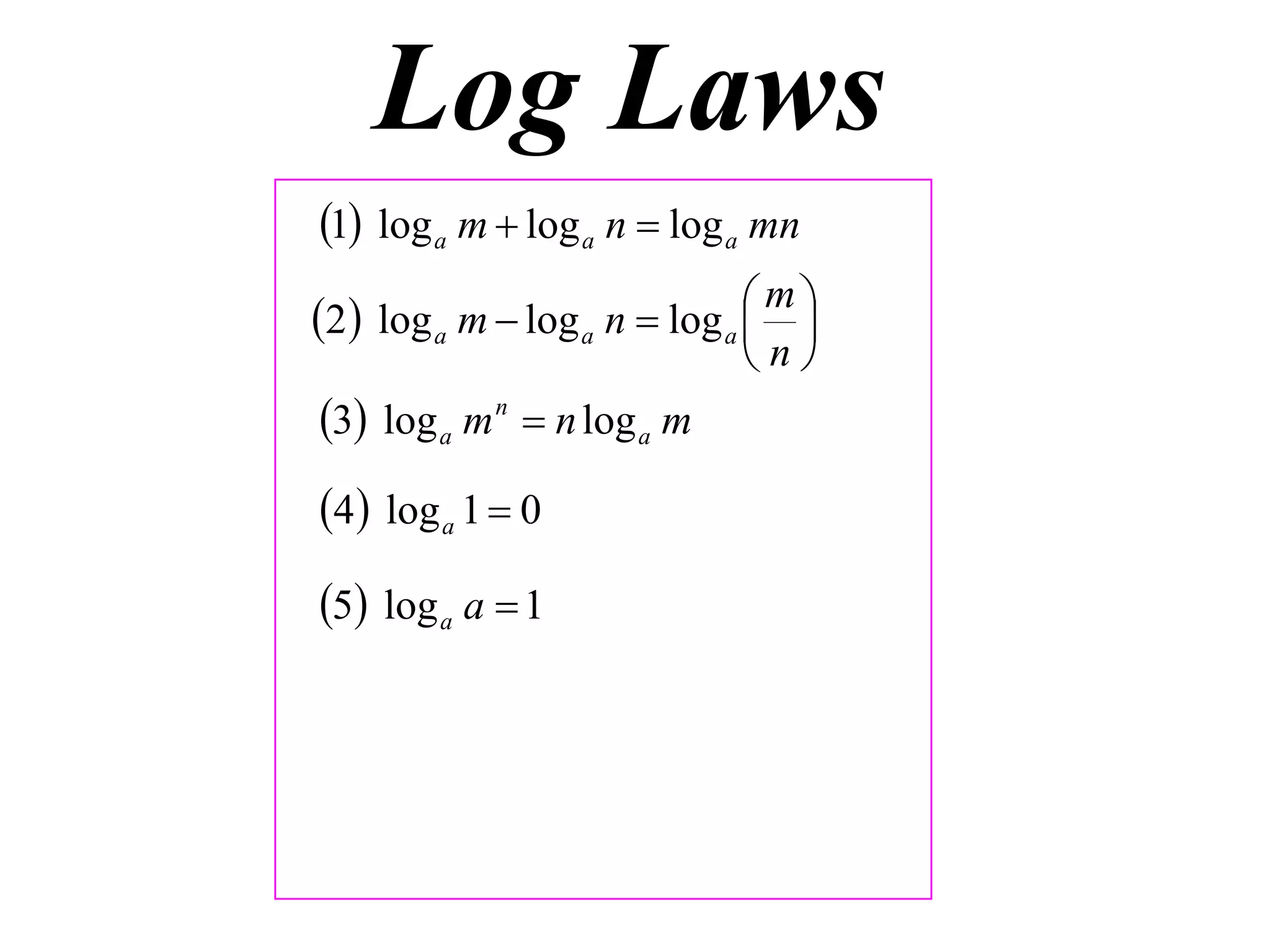 Log Laws
1 log a m  log a n  log a mn
                              m
2 log a m  log a n  log a  
                              n
3 log a m n  n log a m
4 log a 1  0
5 log a a  1
 