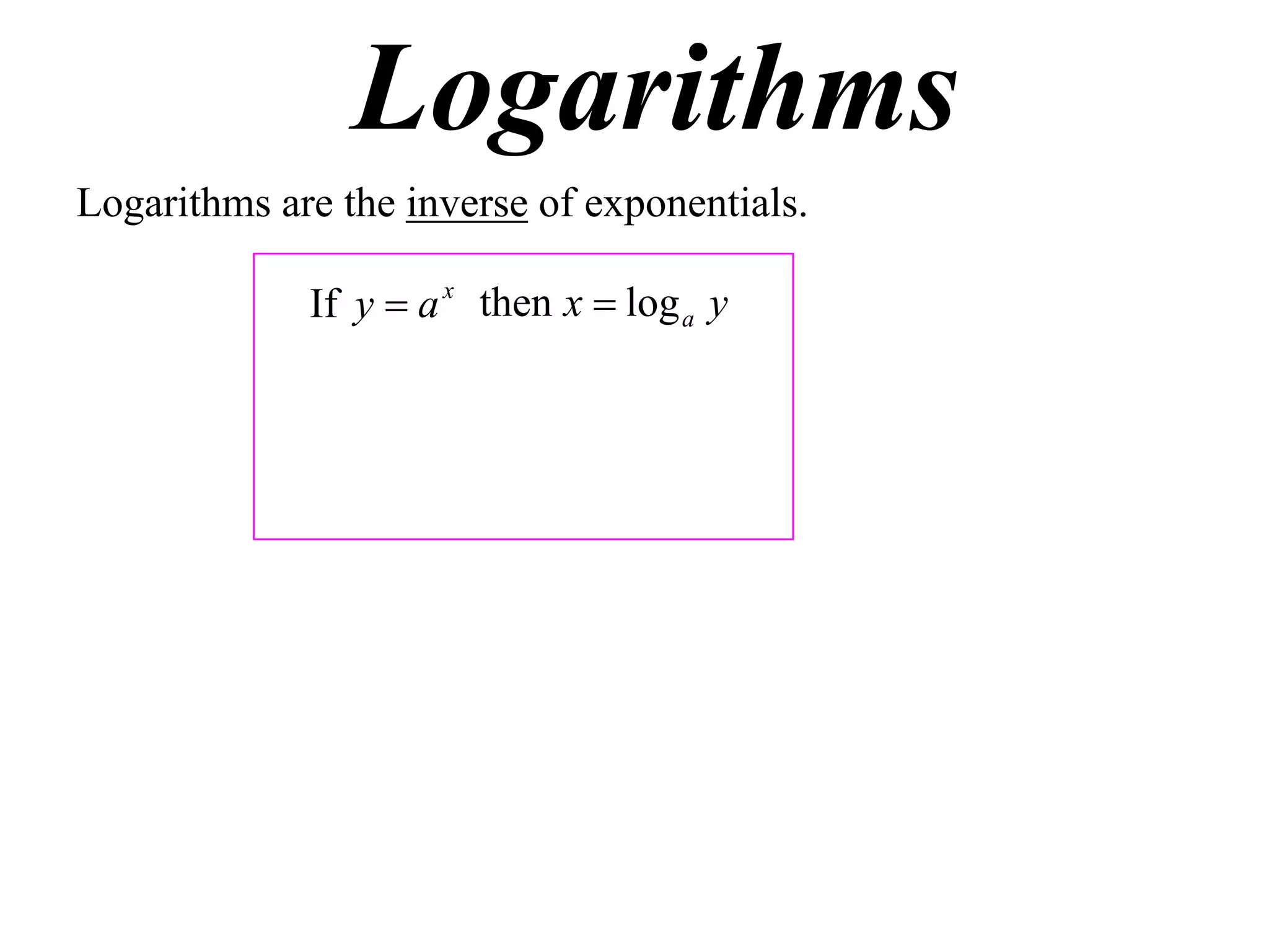 Logarithms
Logarithms are the inverse of exponentials.

             If y  a x then x  log a y
 