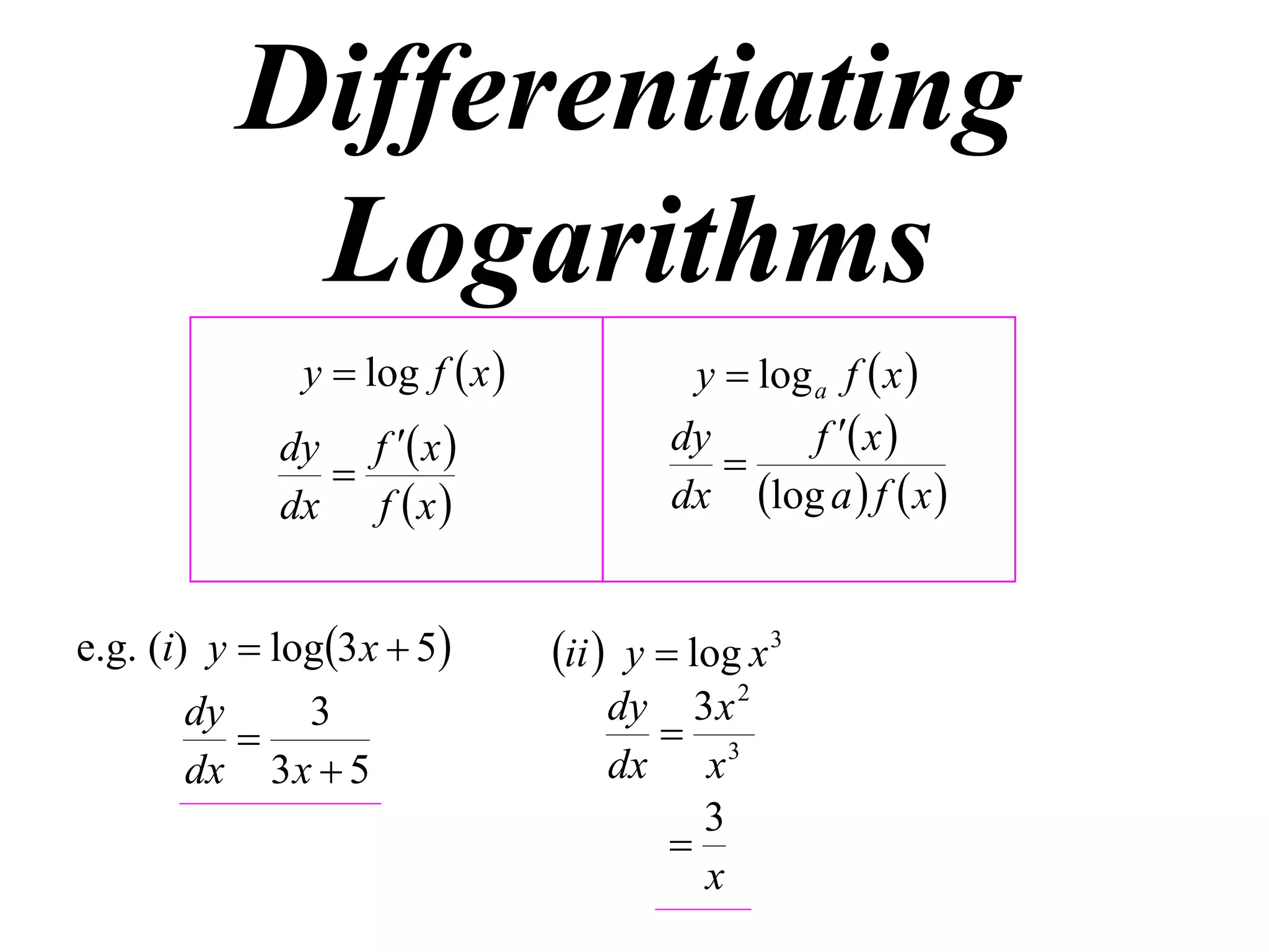 Differentiating
           Logarithms
               y  log f  x             y  log a f  x 
             dy f  x                  dy       f  x 
                                           
             dx f  x                   dx log a  f  x 


e.g. (i) y  log3 x  5        ii  y  log x 3
       dy    3                       dy 3 x 2
                                       3
       dx 3 x  5                    dx x
                                         3
                                       
                                         x
 