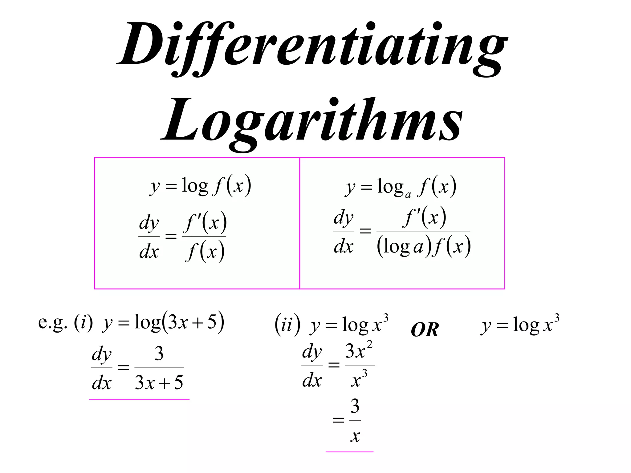 Differentiating
           Logarithms
               y  log f  x            y  log a f  x 
             dy f  x                 dy       f  x 
                                          
             dx f  x                  dx log a  f  x 


e.g. (i) y  log3 x  5        ii  y  log x 3 OR         y  log x 3
                                              2
       dy    3                      dy 3 x
                                      3
       dx 3 x  5                   dx x
                                        3
                                      
                                        x
 