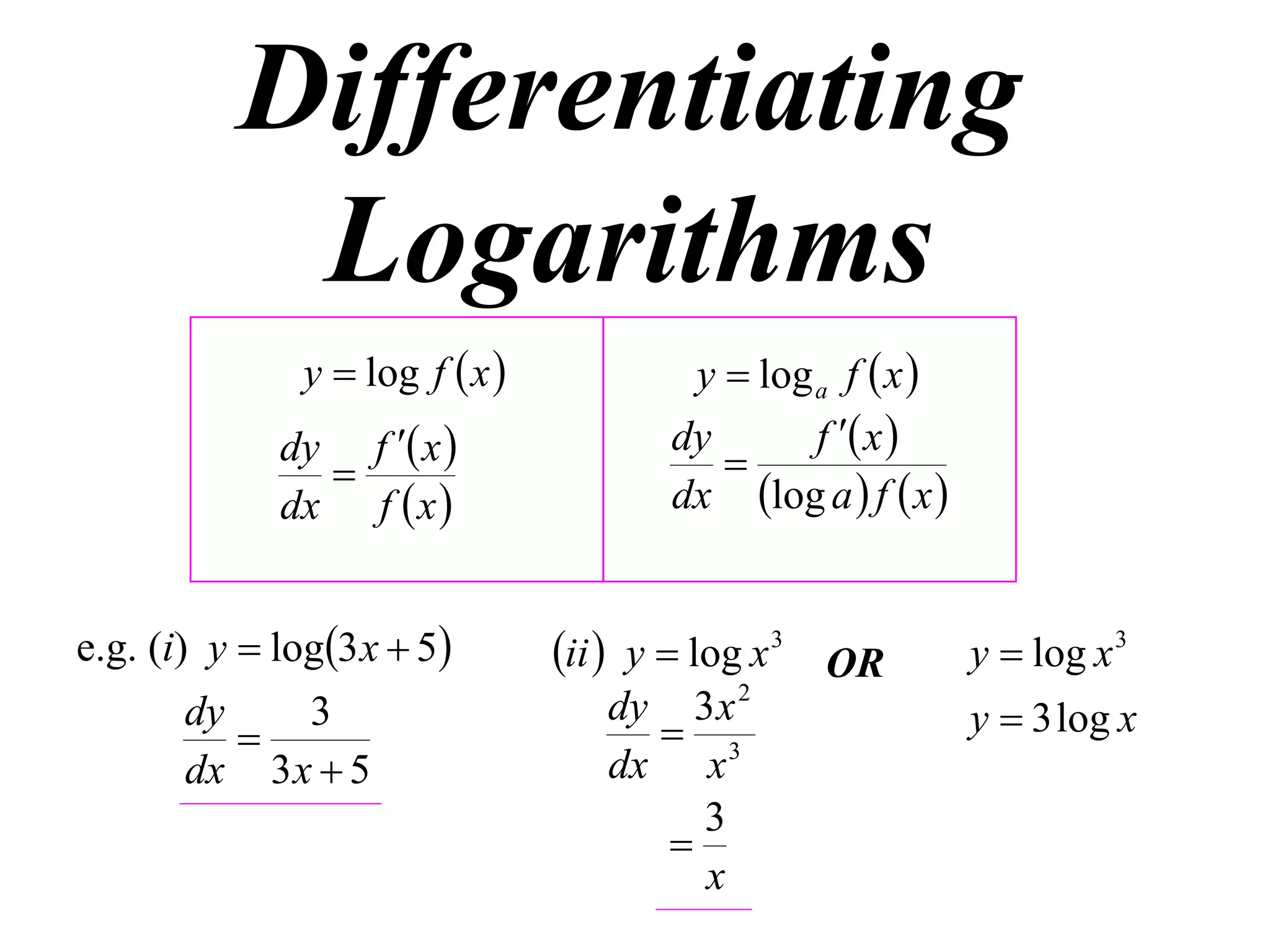 Differentiating
           Logarithms
               y  log f  x            y  log a f  x 
             dy f  x                 dy       f  x 
                                          
             dx f  x                  dx log a  f  x 


e.g. (i) y  log3 x  5        ii  y  log x 3 OR         y  log x 3
                                              2
       dy
          
             3                      dy 3 x
                                       3                     y  3 log x
       dx 3 x  5                   dx x
                                        3
                                      
                                        x
 