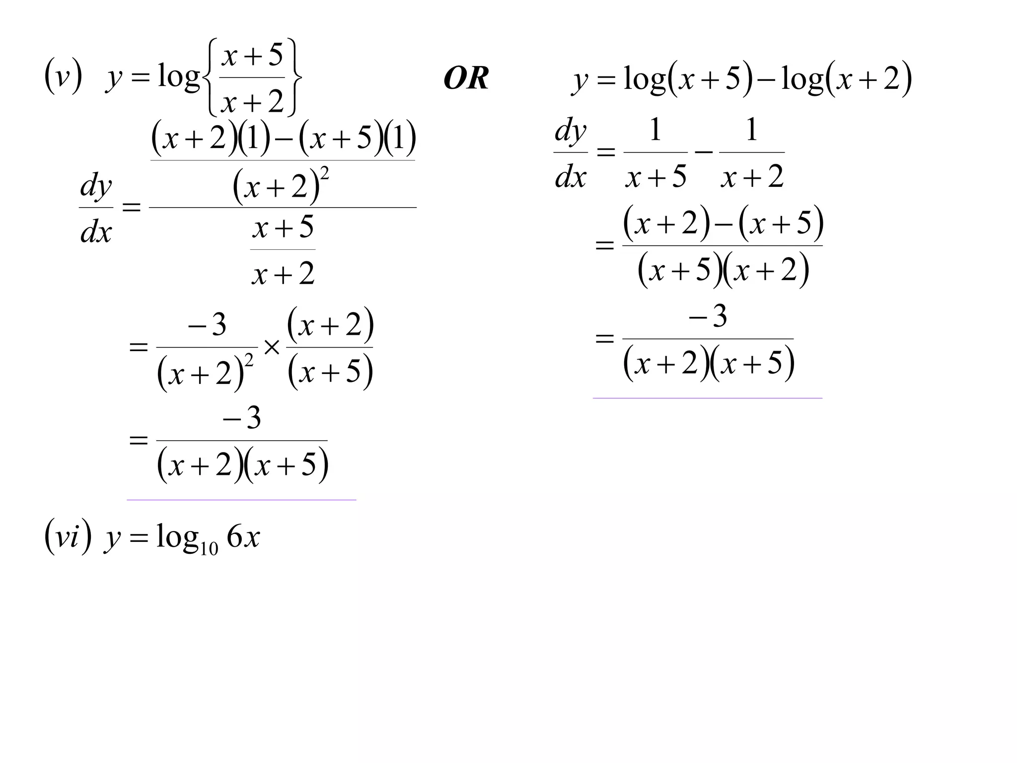 v  y  log  x  5
                                  OR    y  log x  5  log x  2 
               x  2
          x  21   x  51      dy
                                           
                                                1
                                                     
                                                          1
    dy            x  22              dx x  5 x  2
       
    dx              x5                       x  2    x  5
                                           
                    x2                         x  5 x  2
             3        x  2                      3
                                         
          x  22  x  5                   x  2 x  5
               3
       
          x  2 x  5
vi  y  log10 6 x
 