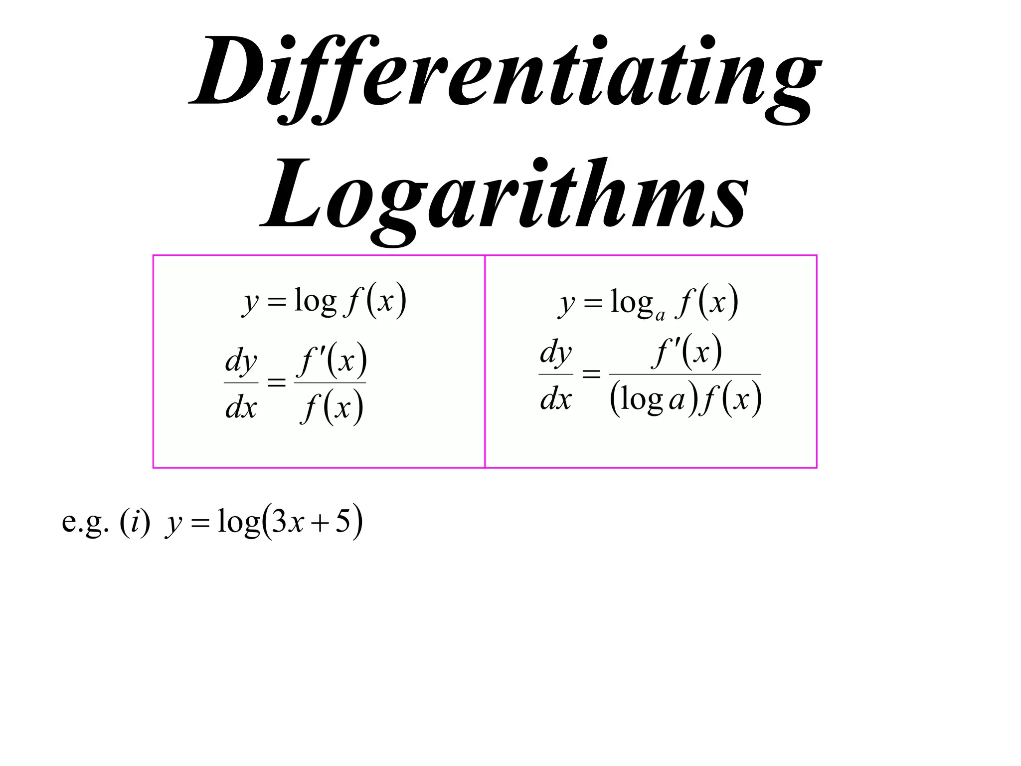 Differentiating
           Logarithms
               y  log f  x     y  log a f  x 
             dy f  x          dy       f  x 
                                   
             dx f  x           dx log a  f  x 


e.g. (i) y  log3 x  5
 