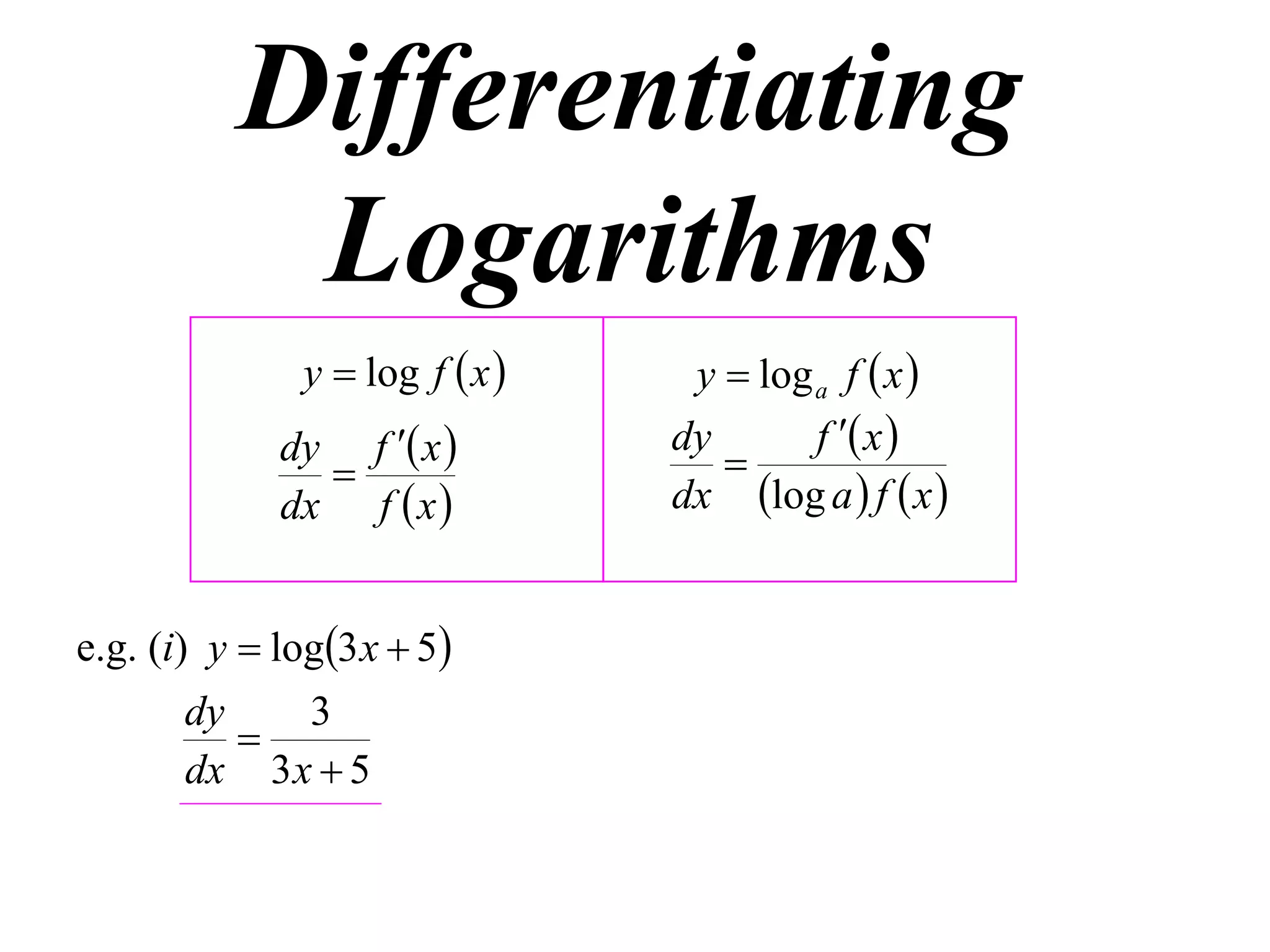 Differentiating
           Logarithms
               y  log f  x     y  log a f  x 
             dy f  x          dy       f  x 
                                   
             dx f  x           dx log a  f  x 


e.g. (i) y  log3 x  5
       dy    3
          
       dx 3 x  5
 
