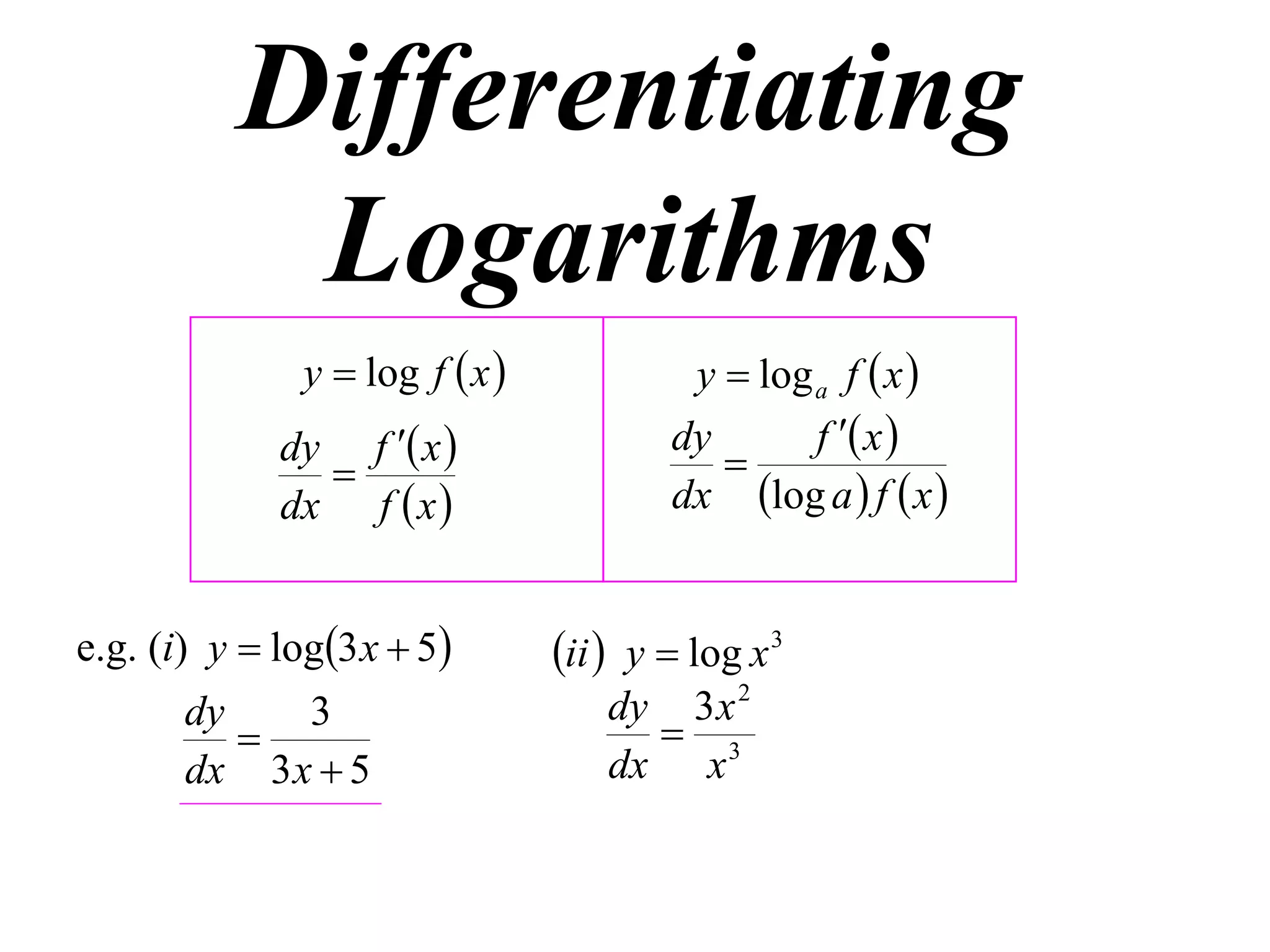 Differentiating
           Logarithms
               y  log f  x             y  log a f  x 
             dy f  x                  dy       f  x 
                                           
             dx f  x                   dx log a  f  x 


e.g. (i) y  log3 x  5        ii  y  log x 3
       dy    3                       dy 3 x 2
                                       3
       dx 3 x  5                    dx x
 